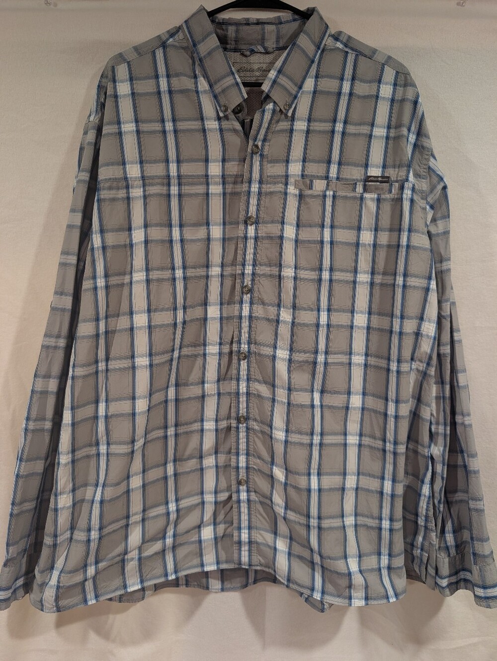Eddie Bauer Men 2XL Plaid Long Sleeve Button Down Shirt Gray Blue Hiking Trail